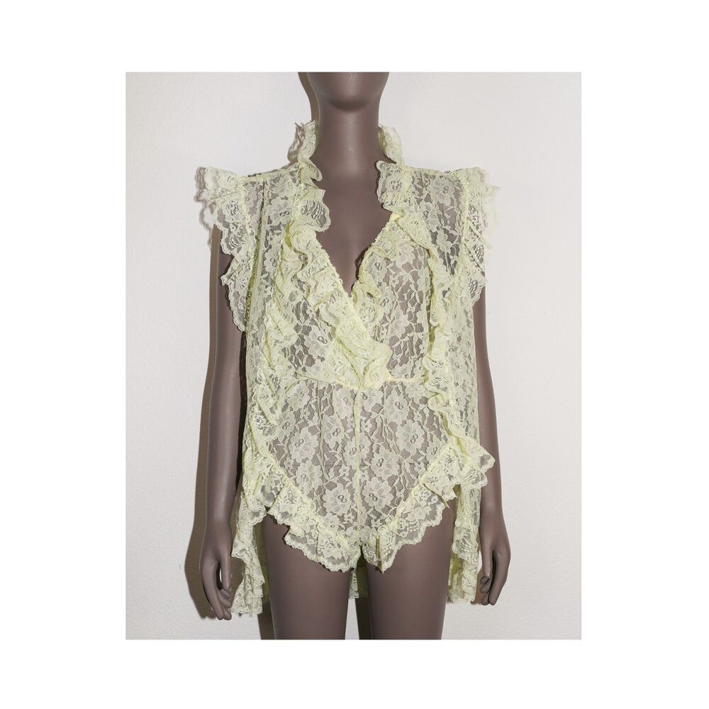 Vintage Butter Yellow Lace Ruffle‎ Bodysuit Matching Shawl Set Lingerie
